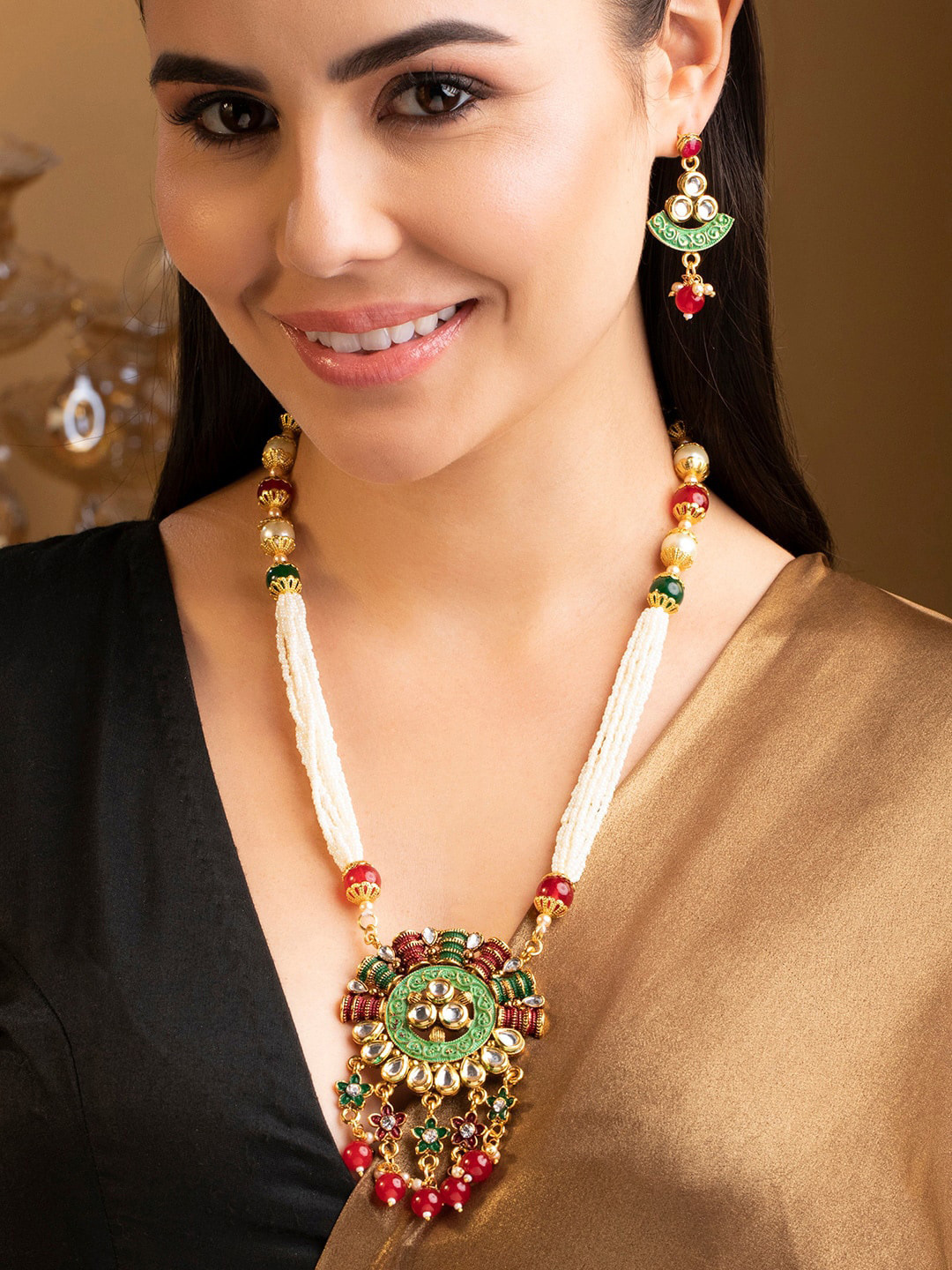 

Rubans Gold-Plated Red & White Stone-Studded & Beaded Jewellery Set