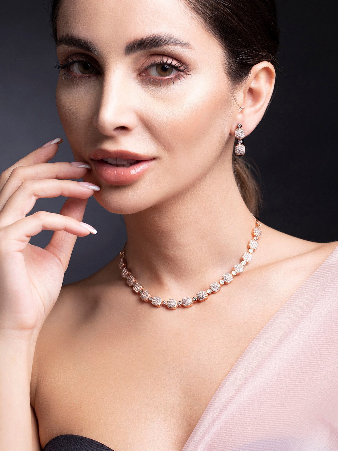 

Rubans 22K Rose Gold Plated Pave AAA Cubic Zirconia Beaded Premiun Necklace Set