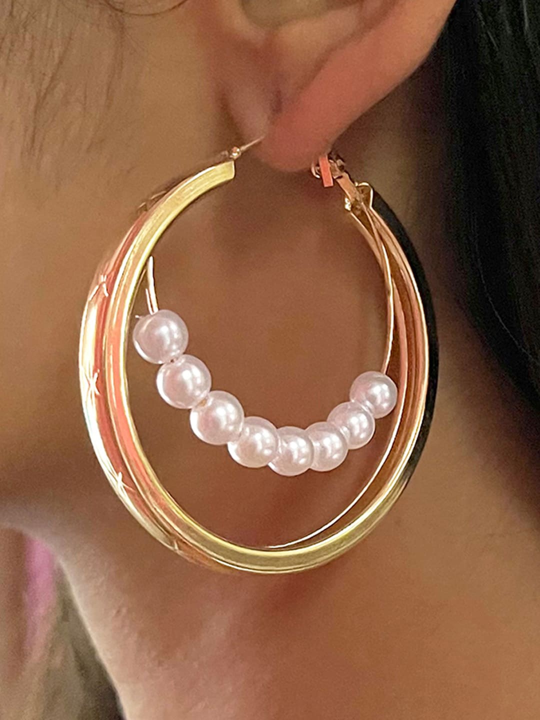

Ayesha Women Pearl Gold Oversized Hoops