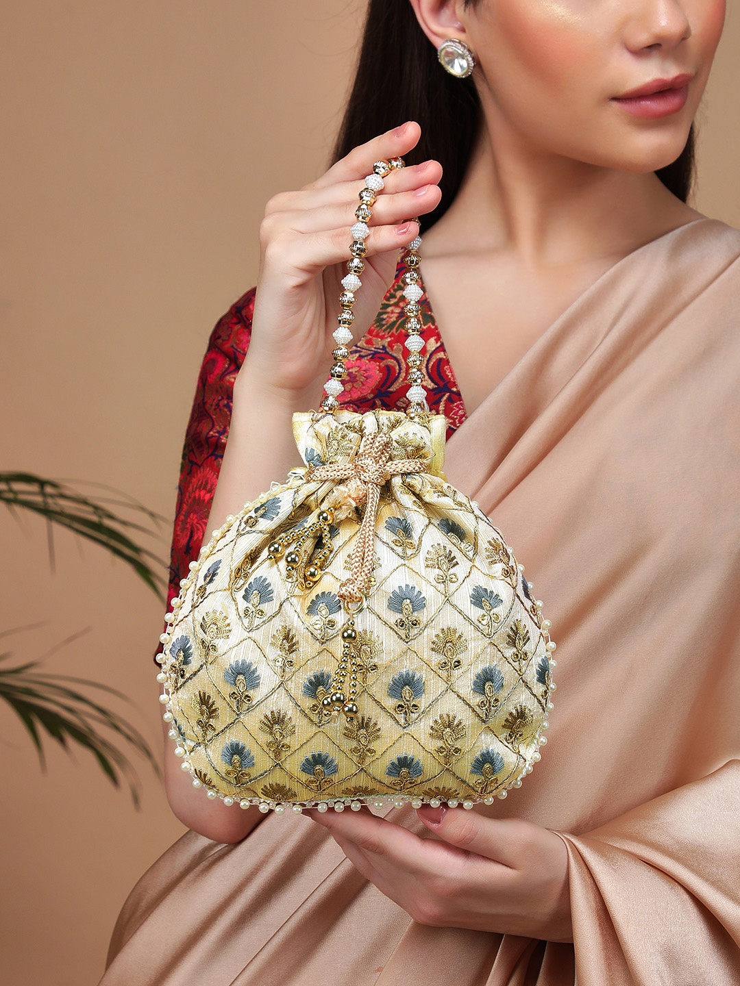 

Rubans Women Gold-Toned & Grey Embroidered Embellished Potli Clutch