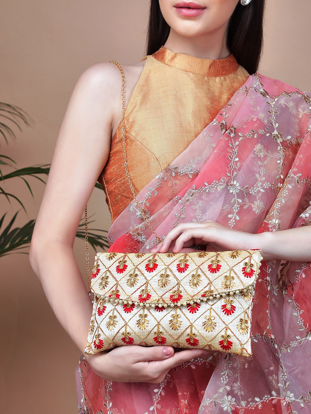 

Rubans Cream-Coloured & Gold-Toned Embroidered Envelope Clutch