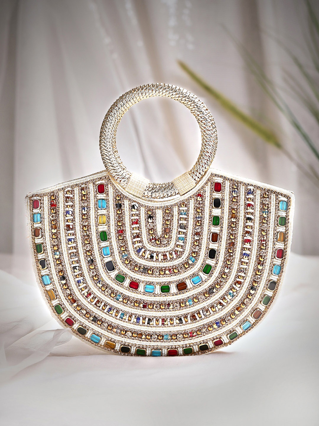 

Rubans White & Blue Embroidered Half Moon Clutch