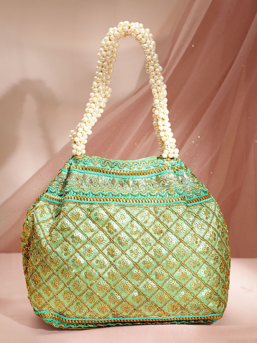

Rubans Women Green & Gold-Toned Embroidered Potli Clutch