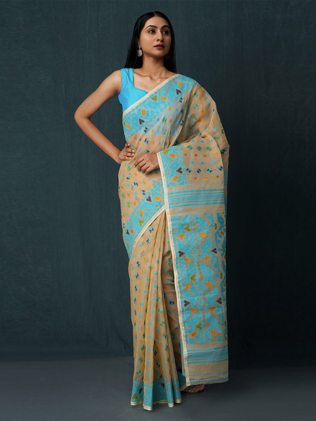 

Unnati Silks Brown & Blue Woven Design Pure Cotton Jamdani Saree