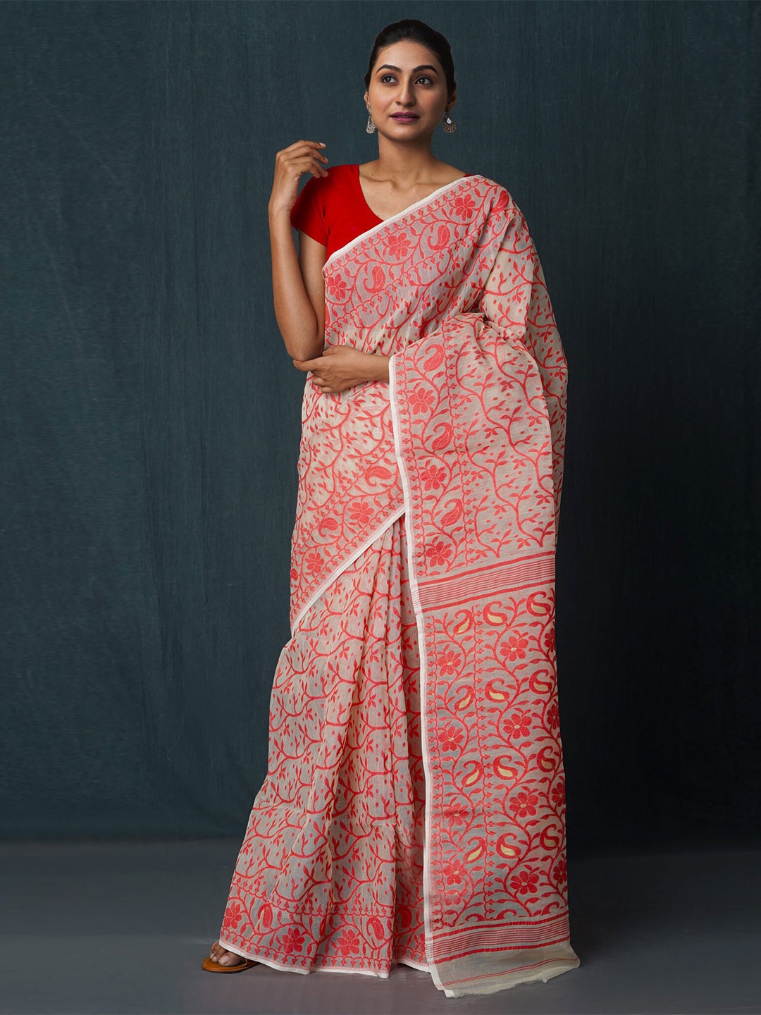 

Unnati Silks Cream-Coloured & Orange Woven Design Zari Silk Cotton Jamdani Saree