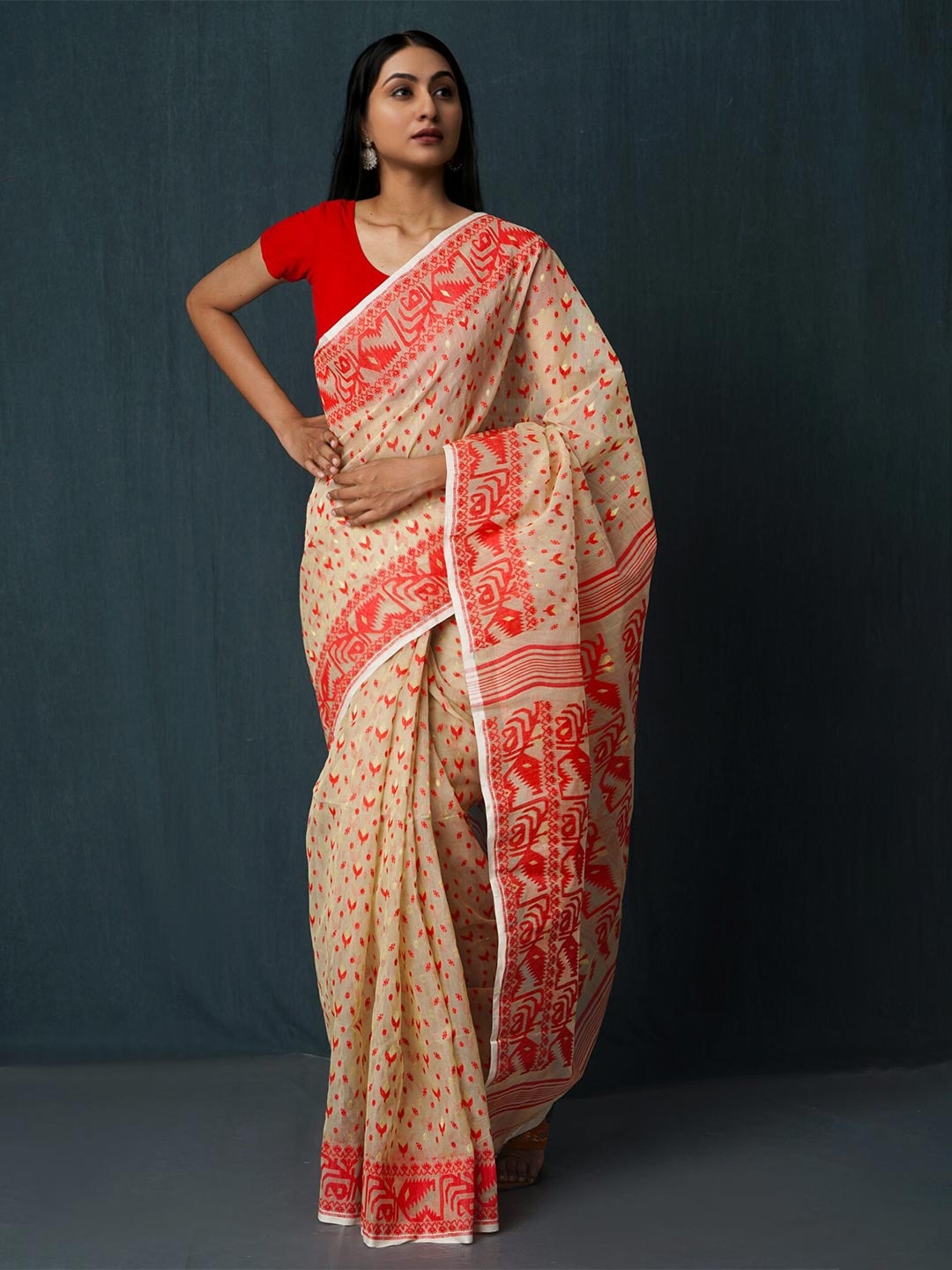 

Unnati Silks Cream-Coloured & Pink Woven Design Pure Cotton Jamdani Saree