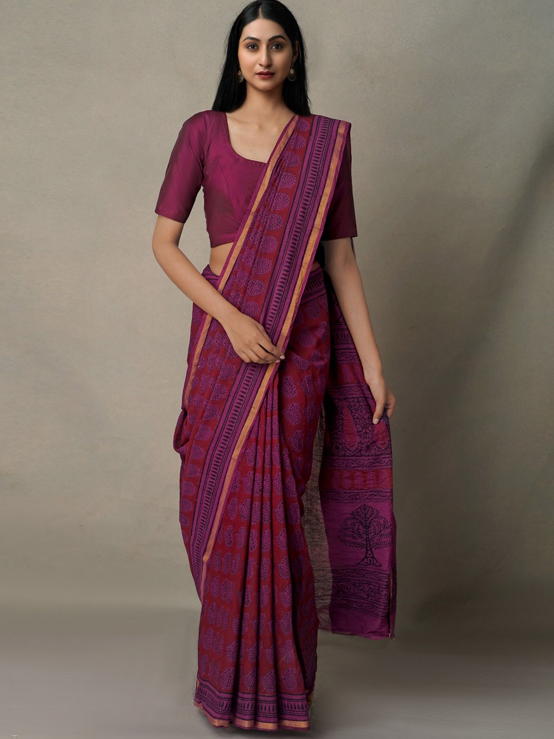 

Unnati Silks Maroon & Purple Ethnic Motifs Chanderi Saree