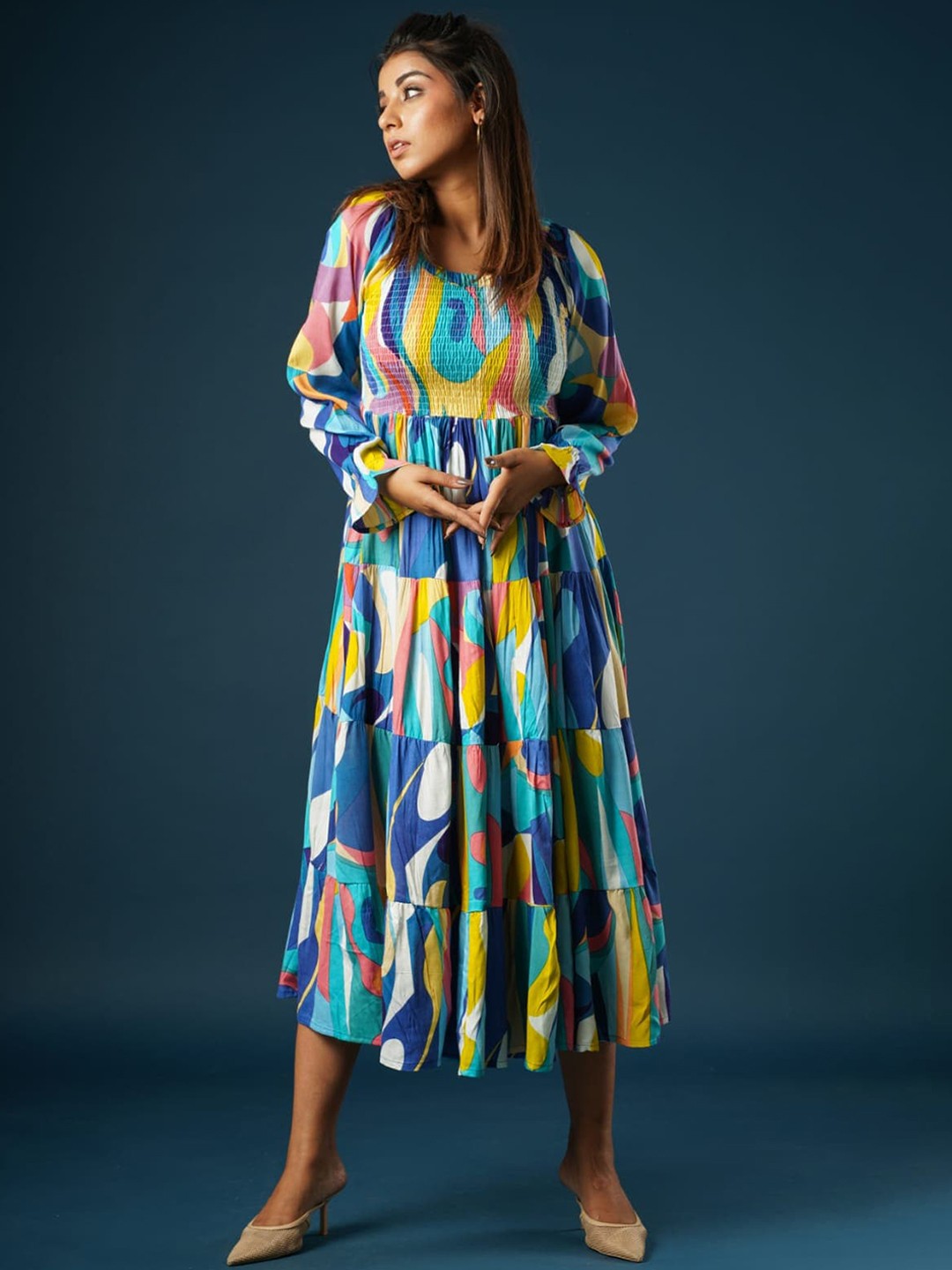 

AUTUMN LANE Blue & Yellow Trance Vibran Midi Dress