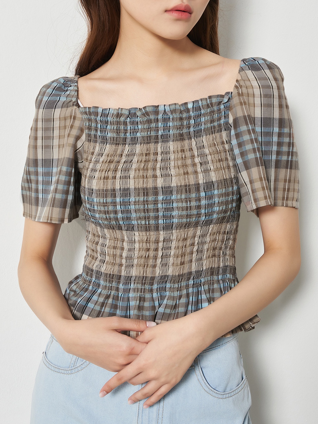 

8seconds Women Beige & Brown Smocked Checked Top