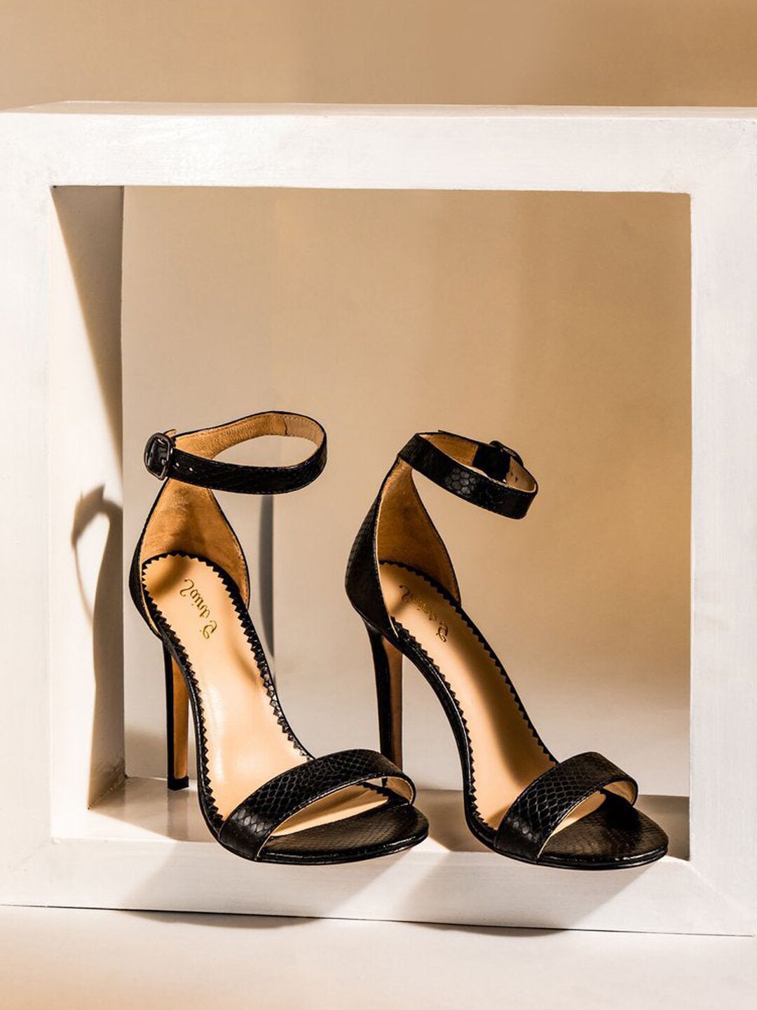 

Saint G Black Leather Stiletto Sandals with Buckles