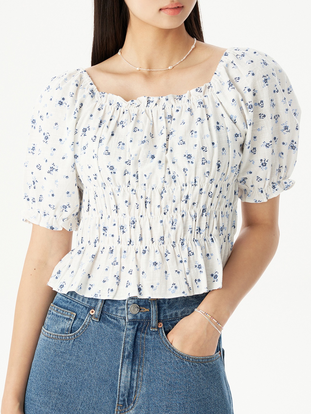 

8seconds White & Navy Blue Floral Print Cotton Top
