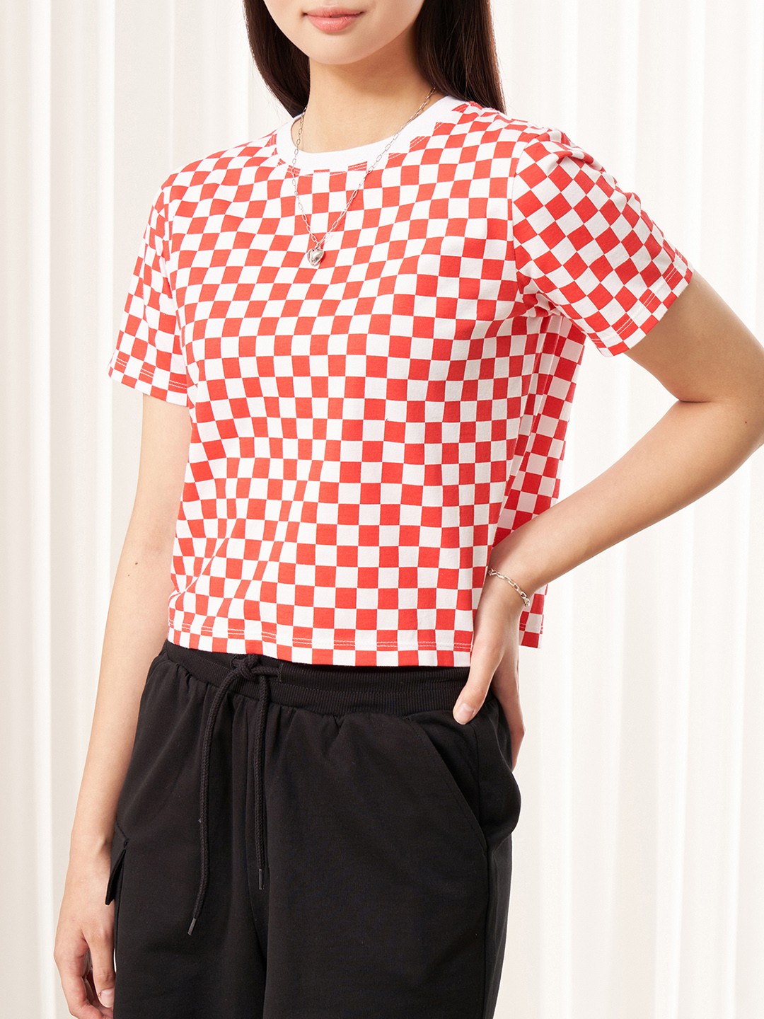 

8seconds Women Red & White Checked Pure Cotton T-shirt