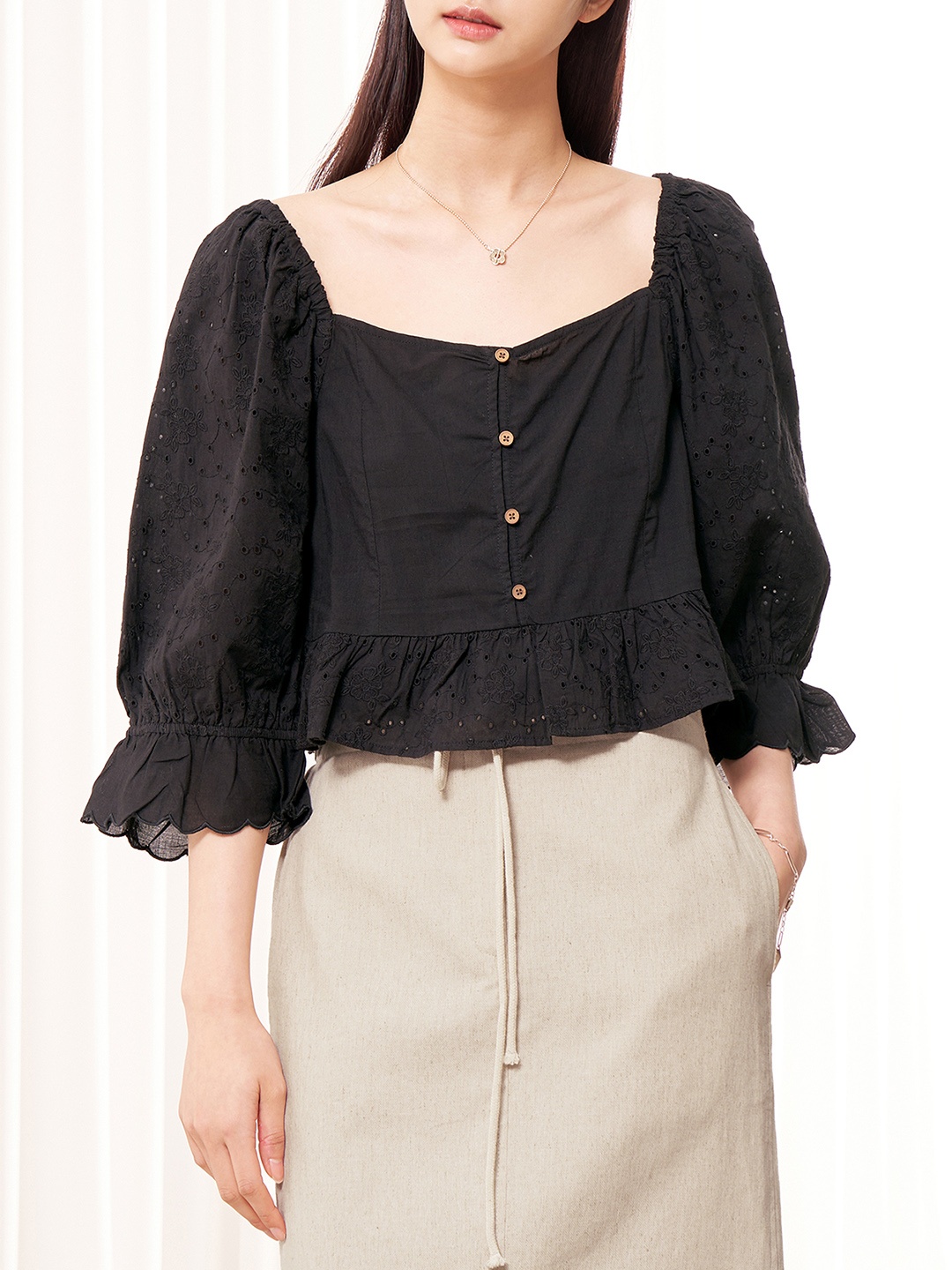 

8seconds Women Black Schiffli Detail Pure Cotton Top