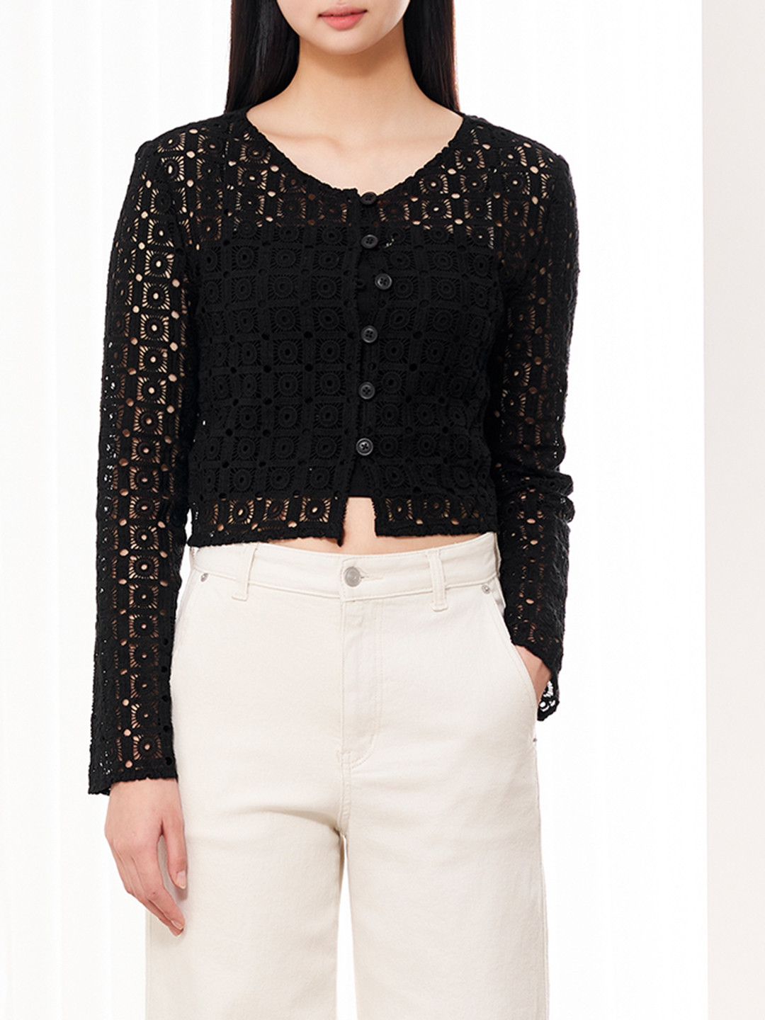 

8seconds Women Black Pure Cotton Lace Shirt Style Top