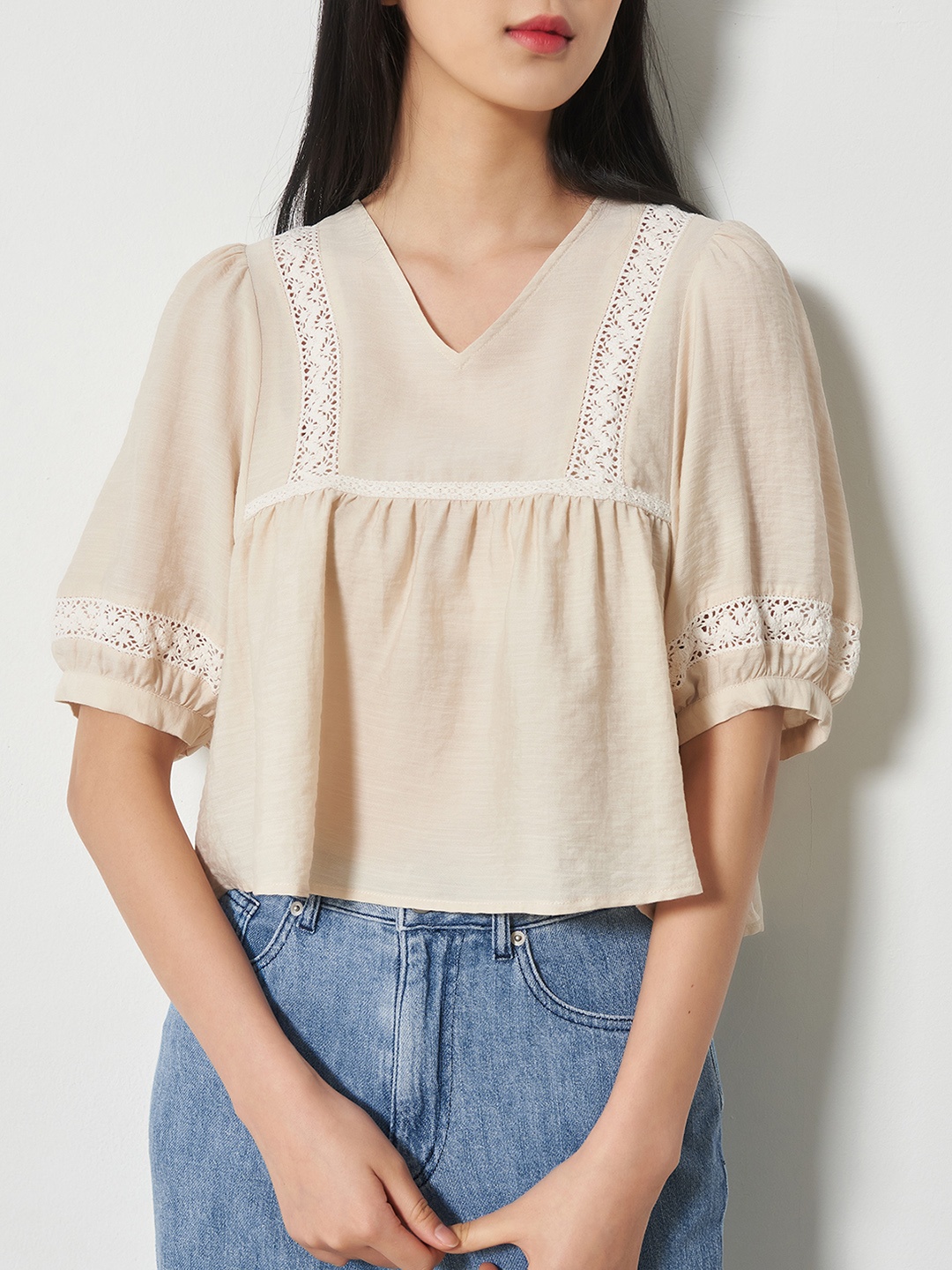 

8seconds Beige Solid Lace Detail Top