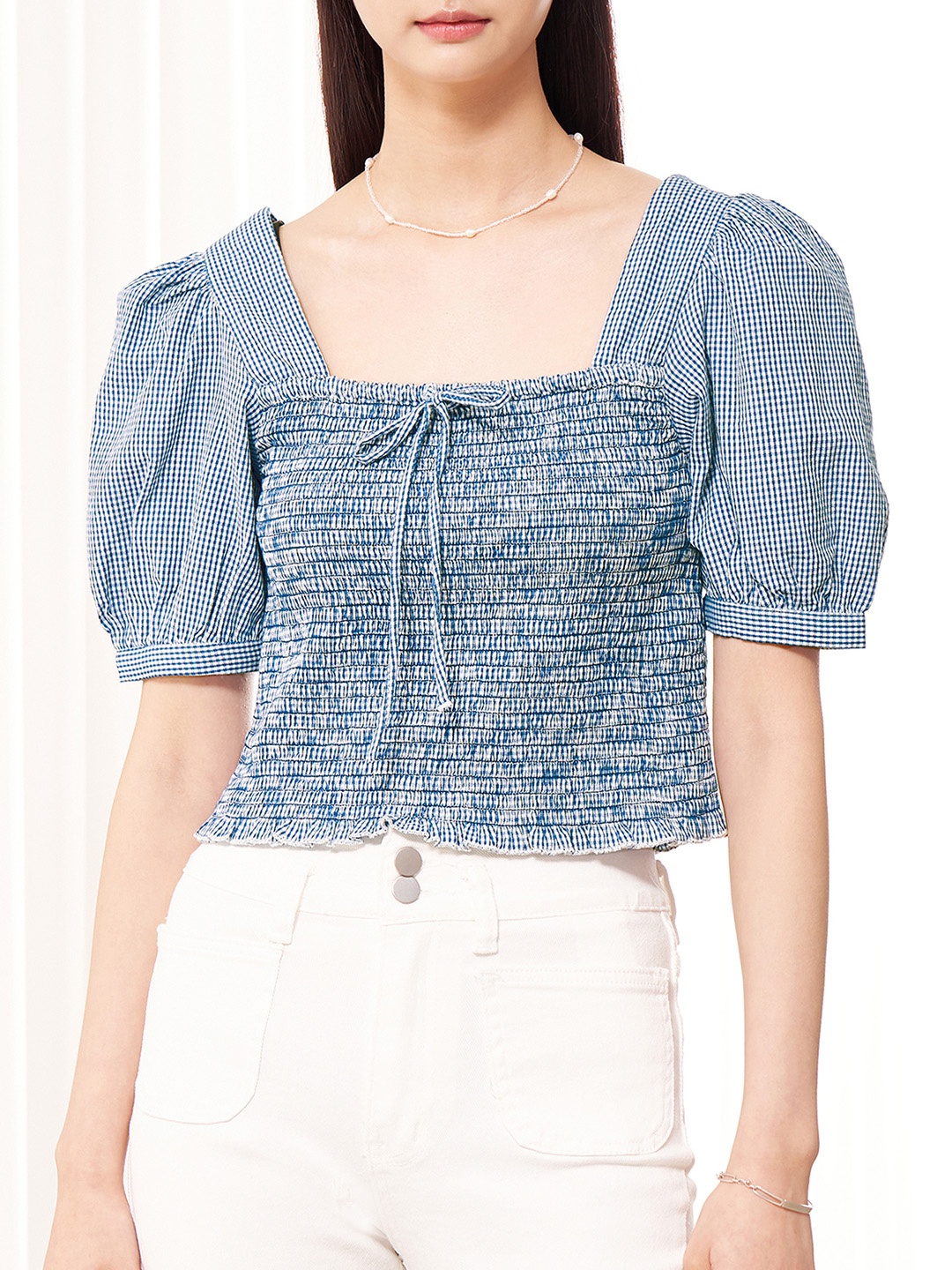 

8seconds Navy Blue & White Checked Tie-Up Neck Cotton Top