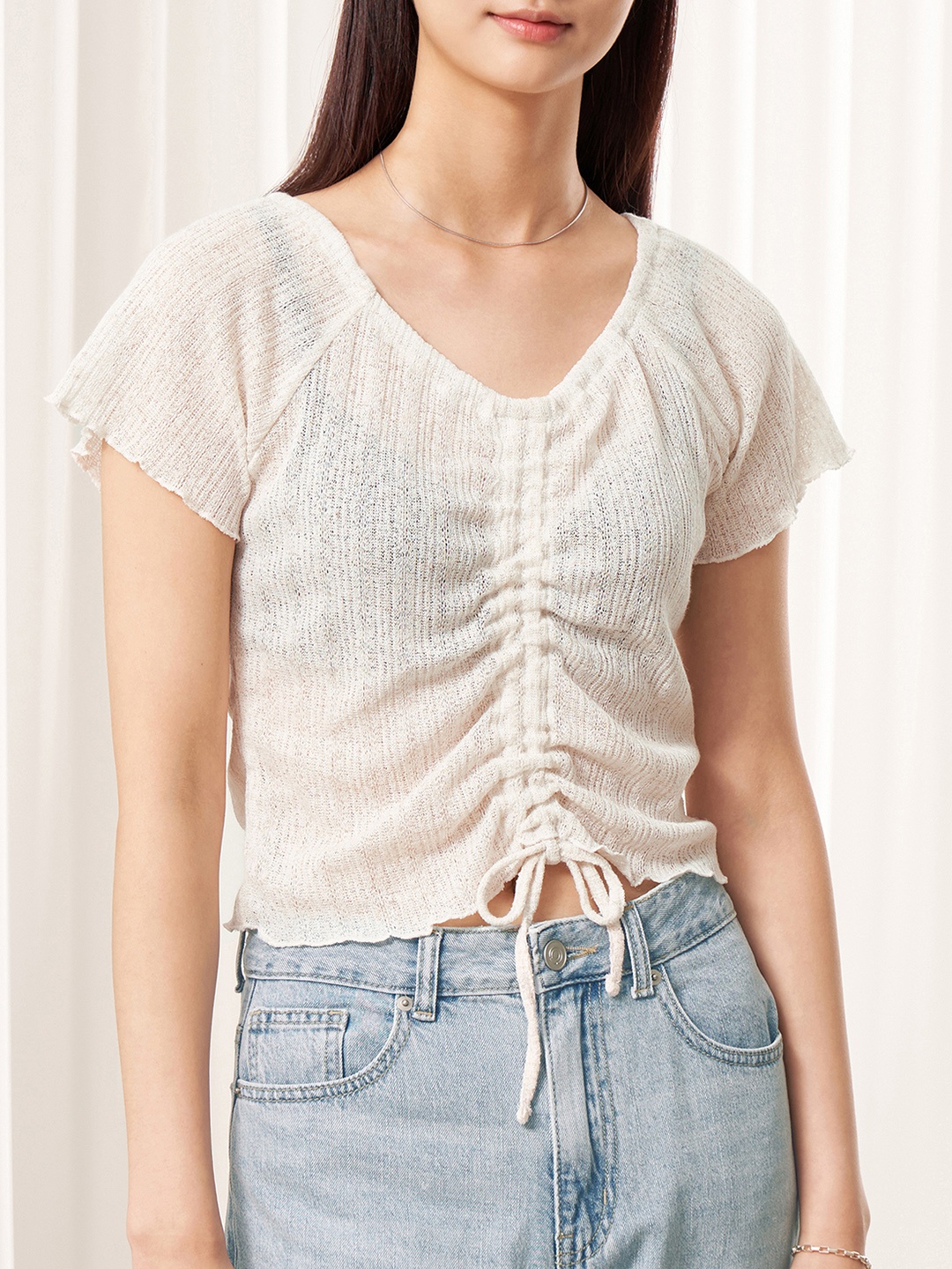 

8seconds Women Beige Solid Ruched Top