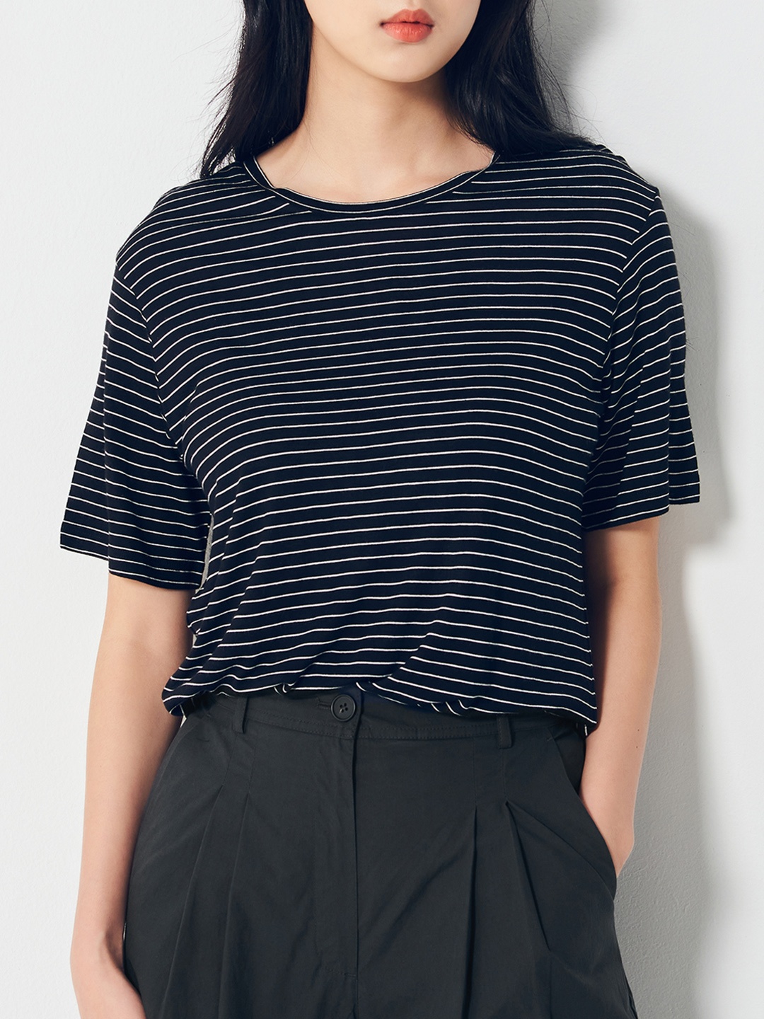 

8seconds Women Black & White Striped T-shirt