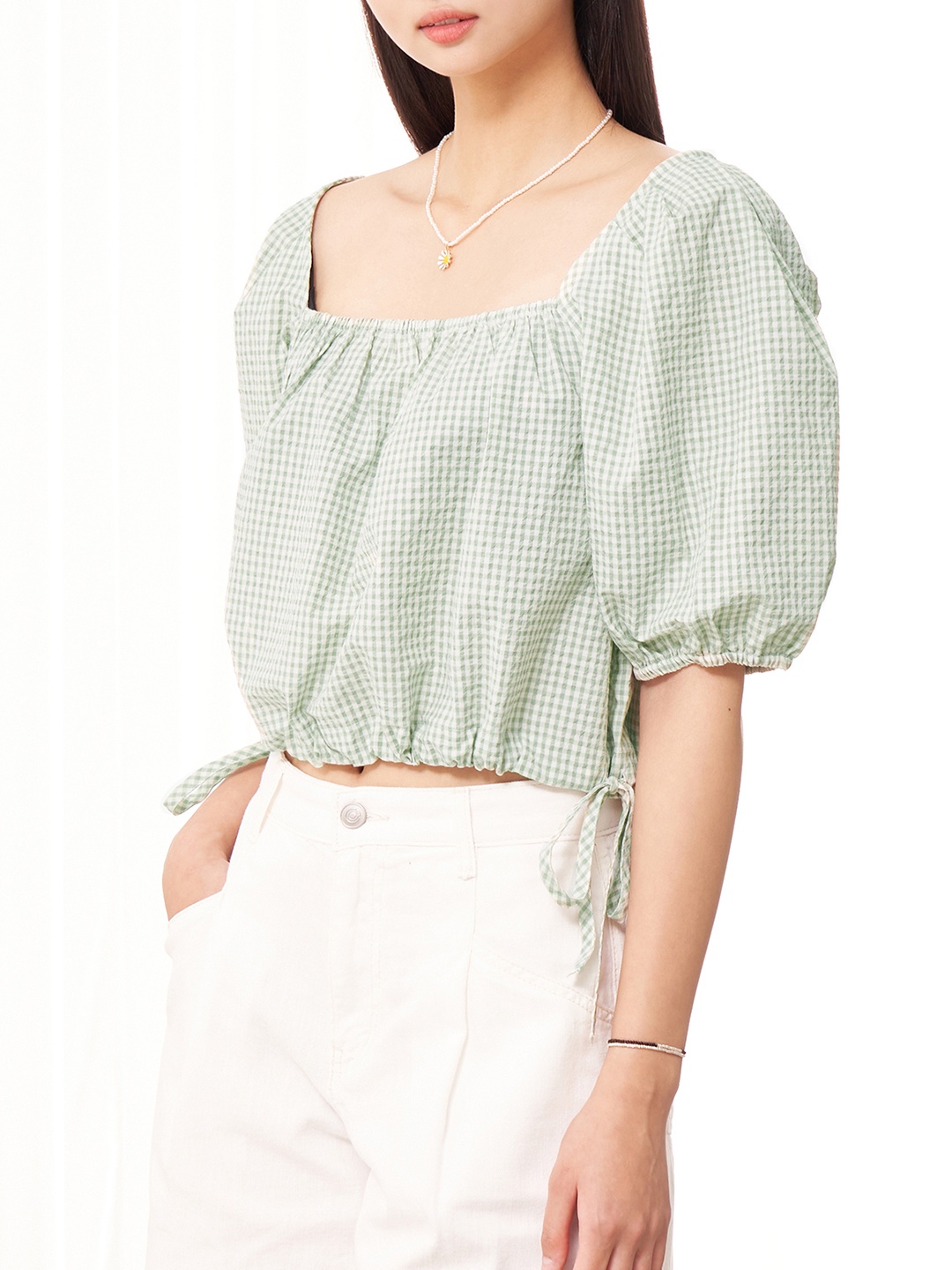 8seconds Green & White Checked Blouson Crop Top