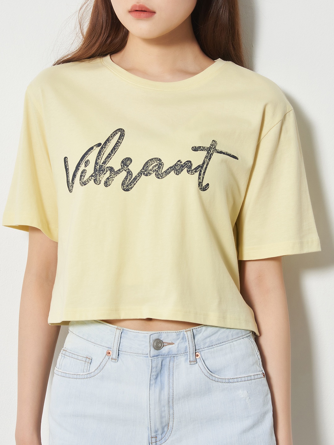 

8seconds Women Yellow & Charcoal Grey Printed Pure Cotton T-shirt