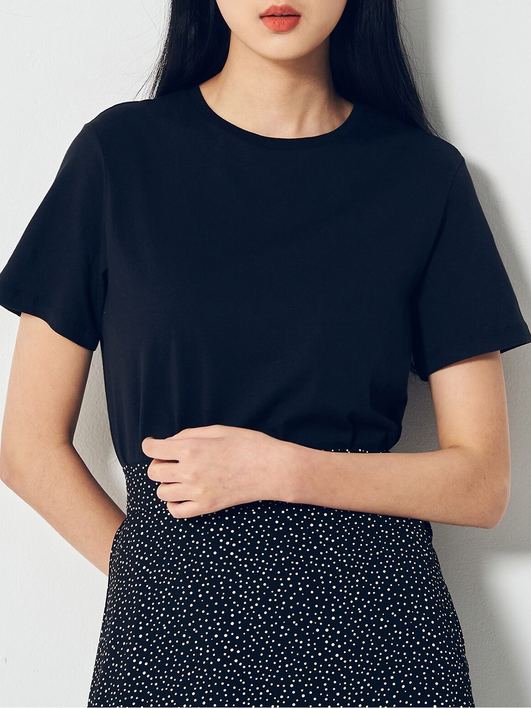 

8seconds Women Navy Blue Solid Drop-Shoulder Sleeves Pure Cotton T-shirt