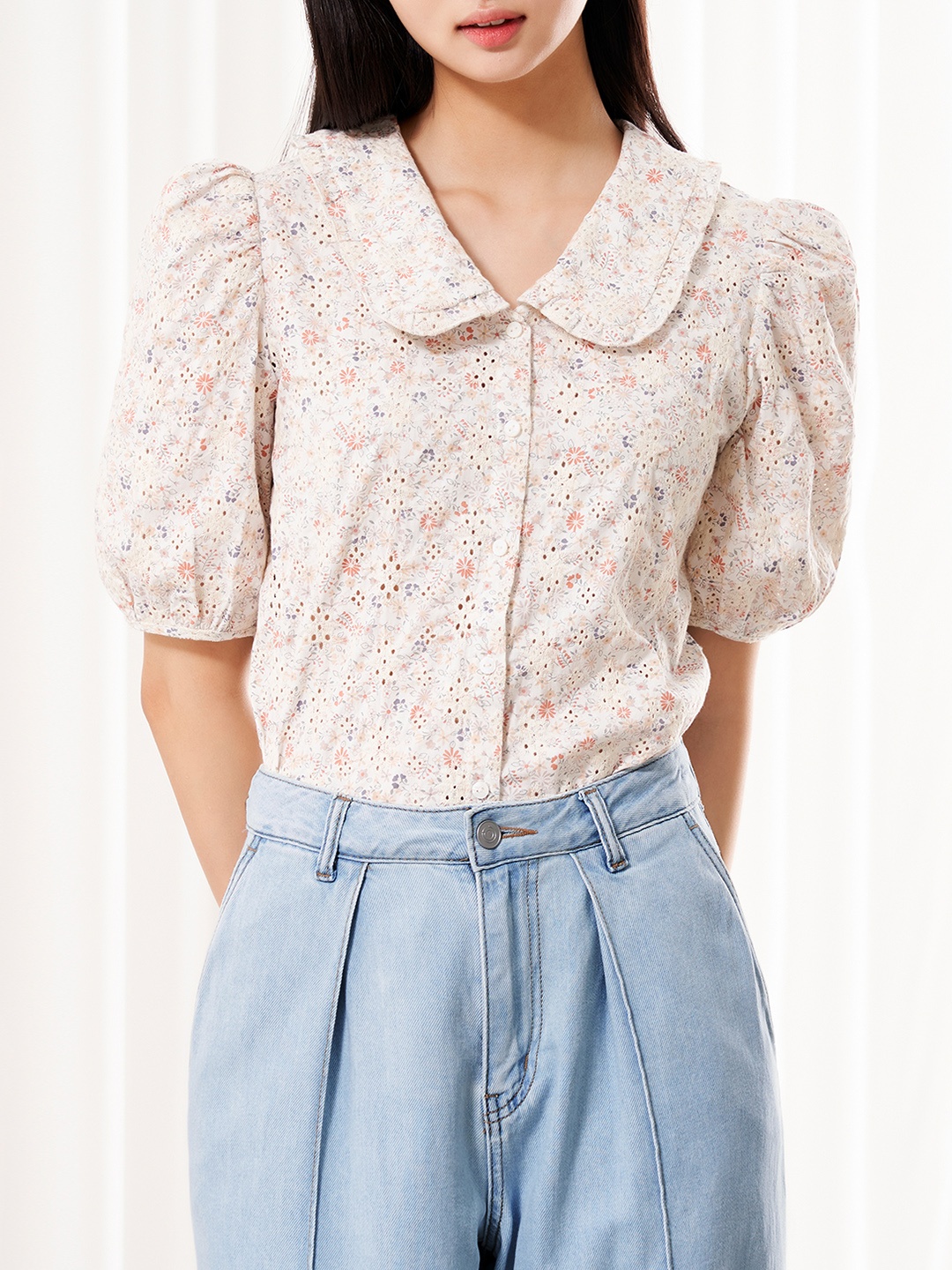 

8seconds Women Off White & Blue Floral Printed Cotton Casual Shirt