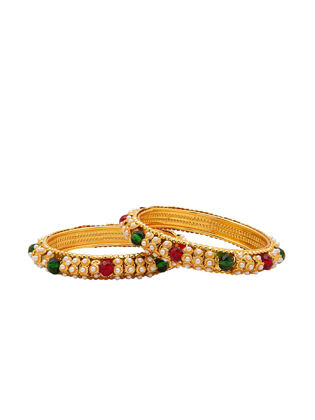 

Shining Jewel - By Shivansh Set Of 2 Gold-Plated Red & Green Beaded Bangles