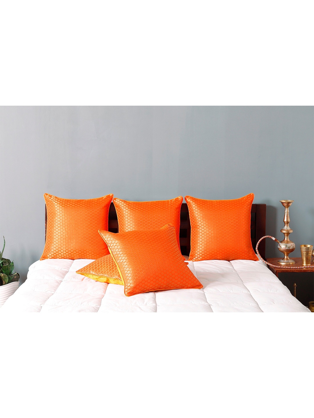 

HANDICRAFT PALACE Orange & Gold-Toned Set of 2 Square Cushion Covers