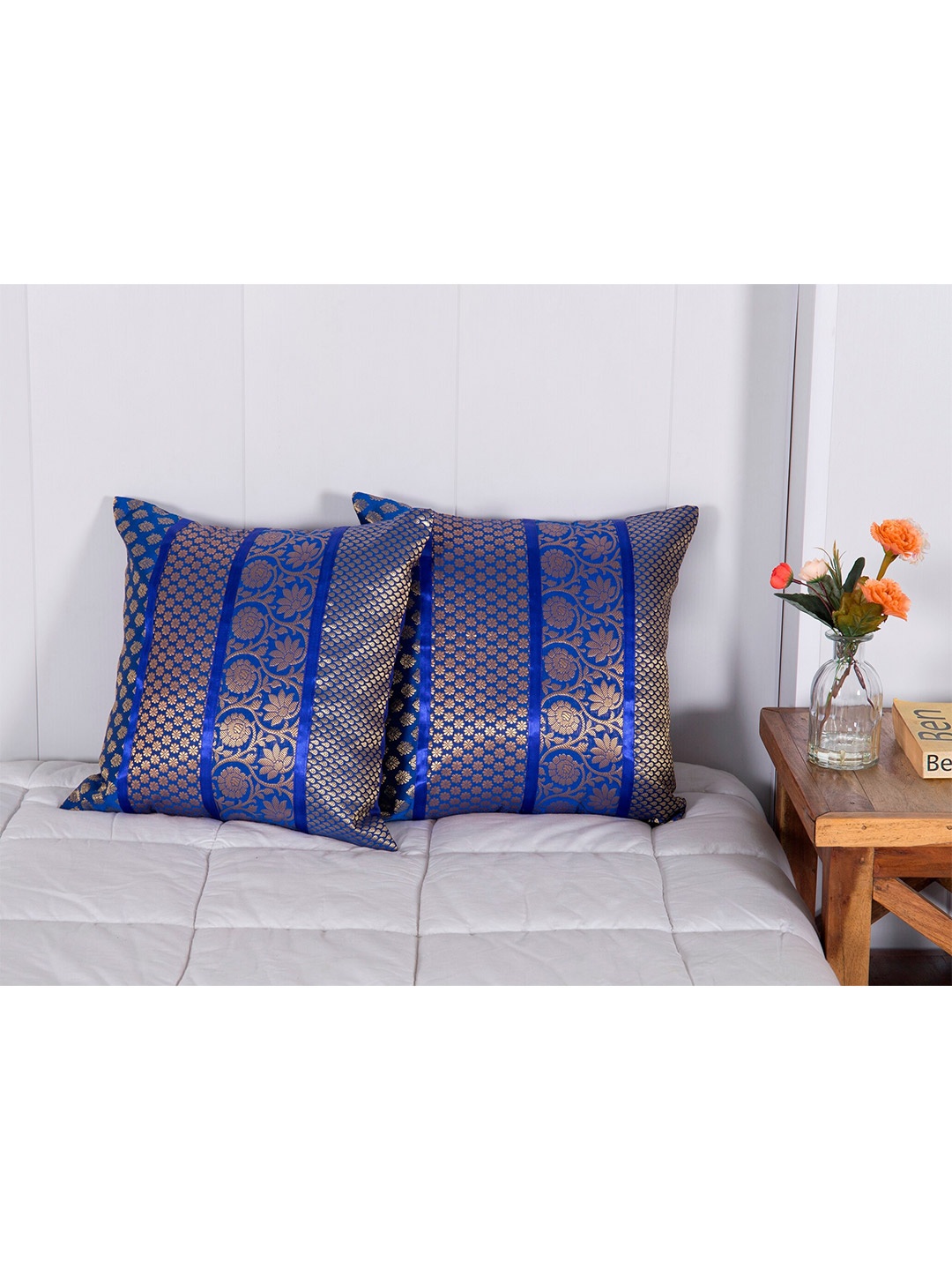 

HANDICRAFT PALACE Blue & Gold-Toned Set of 2 Floral Square Cushion Covers