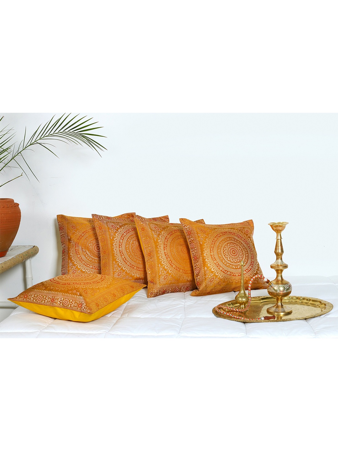

HANDICRAFT PALACE Yellow Set of 2 Square Brocade Silk Cushion Covers