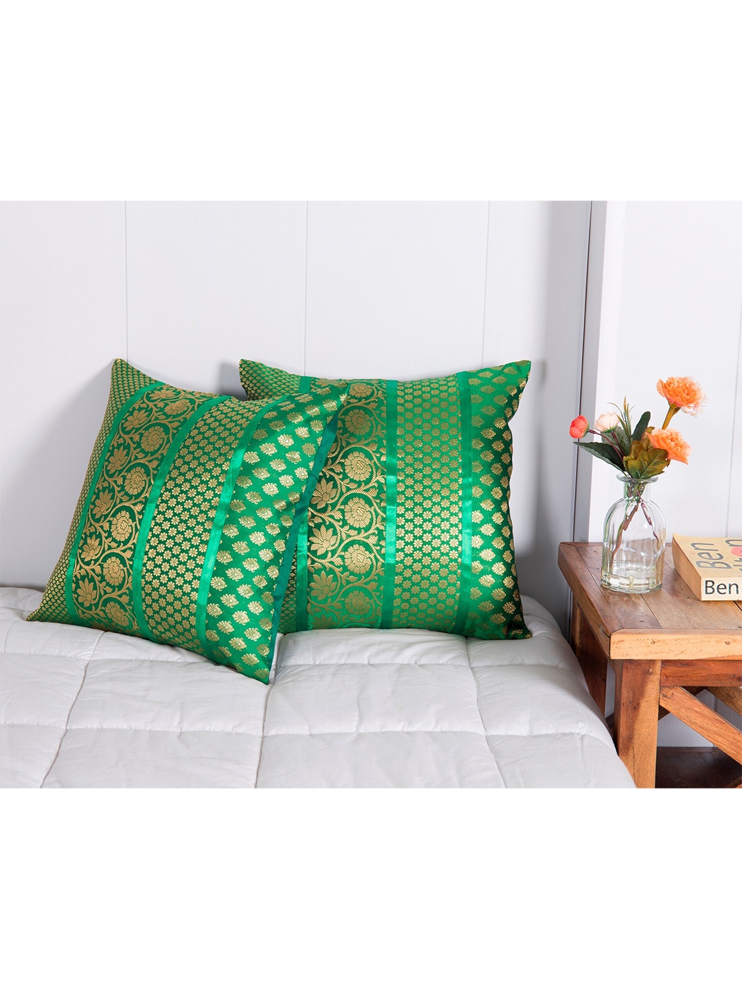 

HANDICRAFT PALACE Green & Gold-Toned Pack of 2 Ethnic Motifs Square Cushion Covers