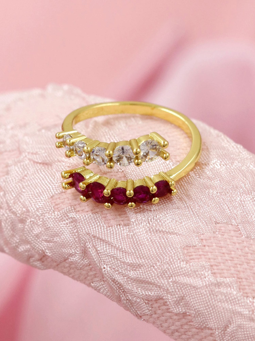

Bellofox Gold-Plated White & Pink Stone Studded Adjustable Finger Ring