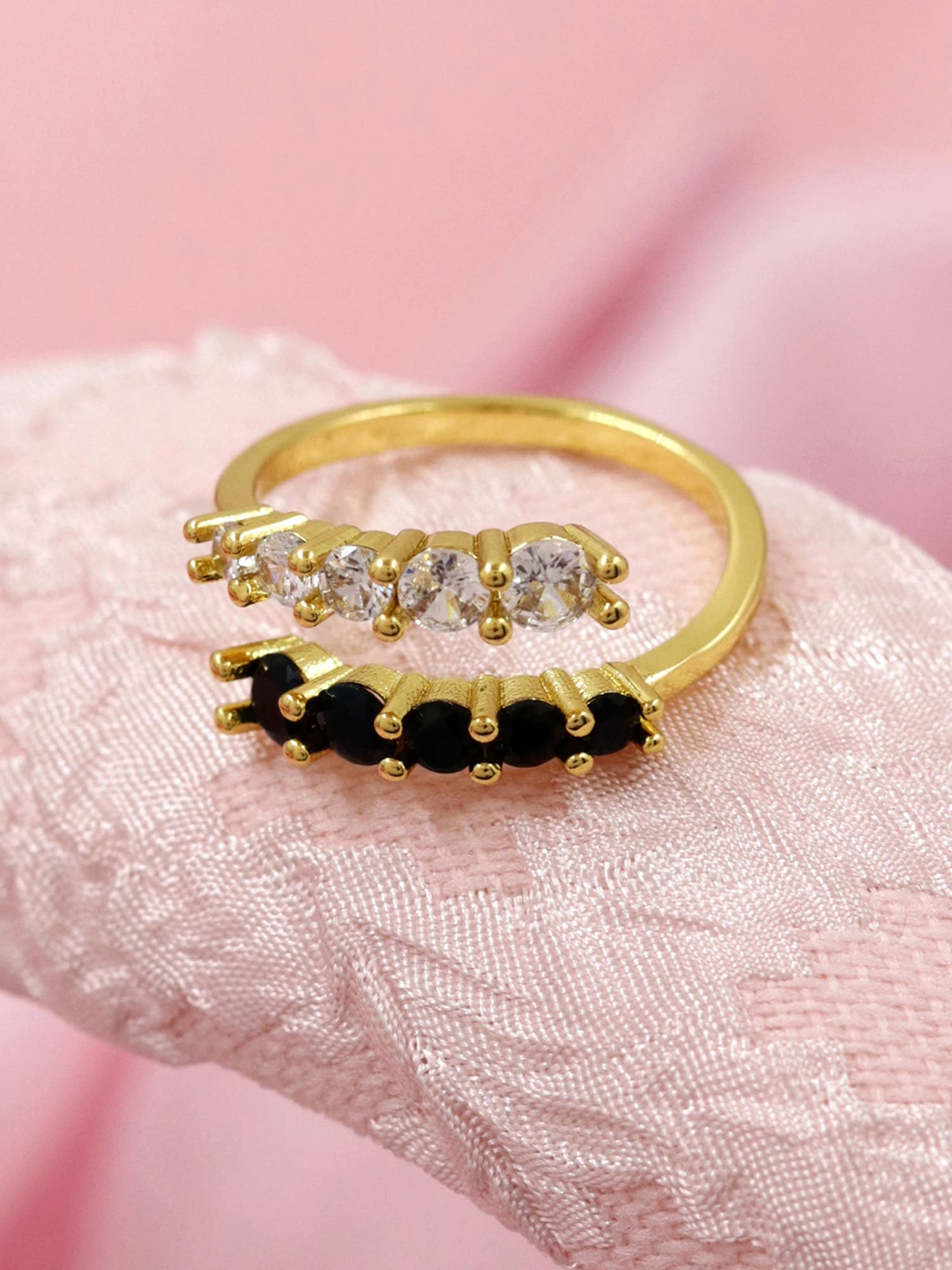 

Bellofox Gold-Plated White & Black Stone Studded Adjustable Finger Ring