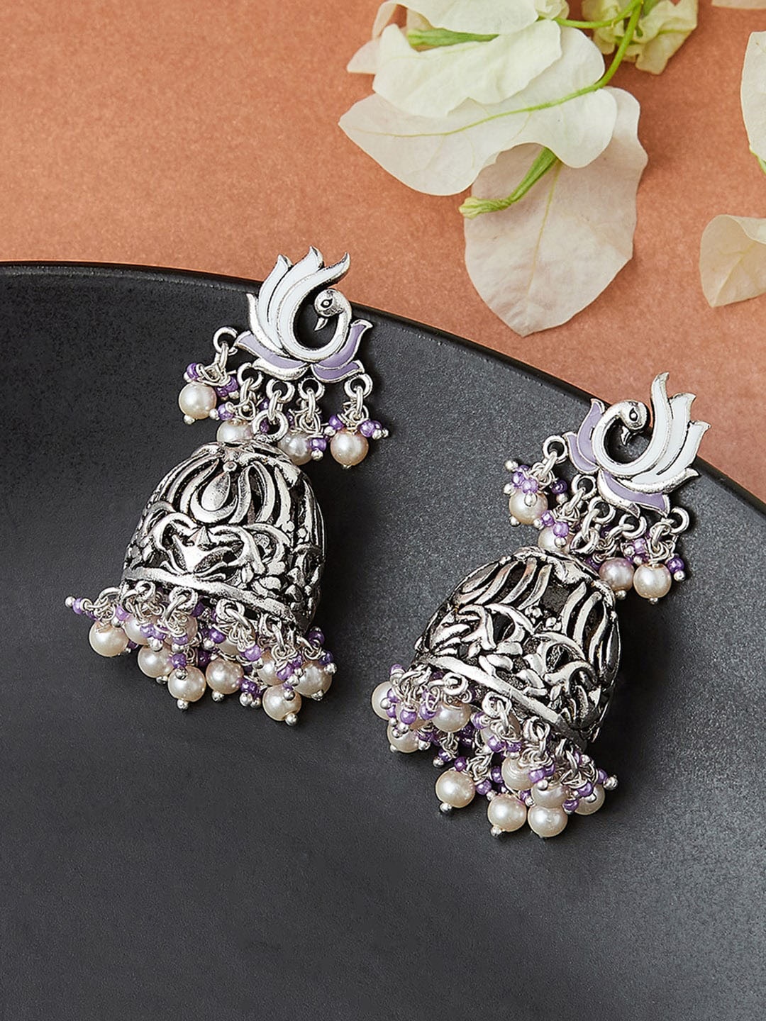 

Voylla Women Silver-Toned Contemporary Jhumkas Earrings