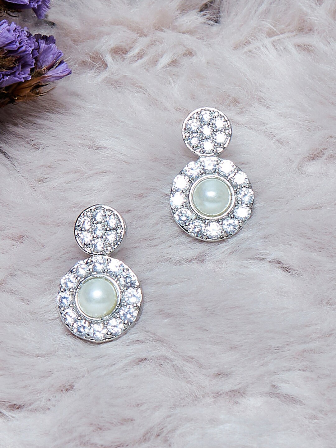 

Voylla Silver-Toned & White Contemporary Drop Earrings