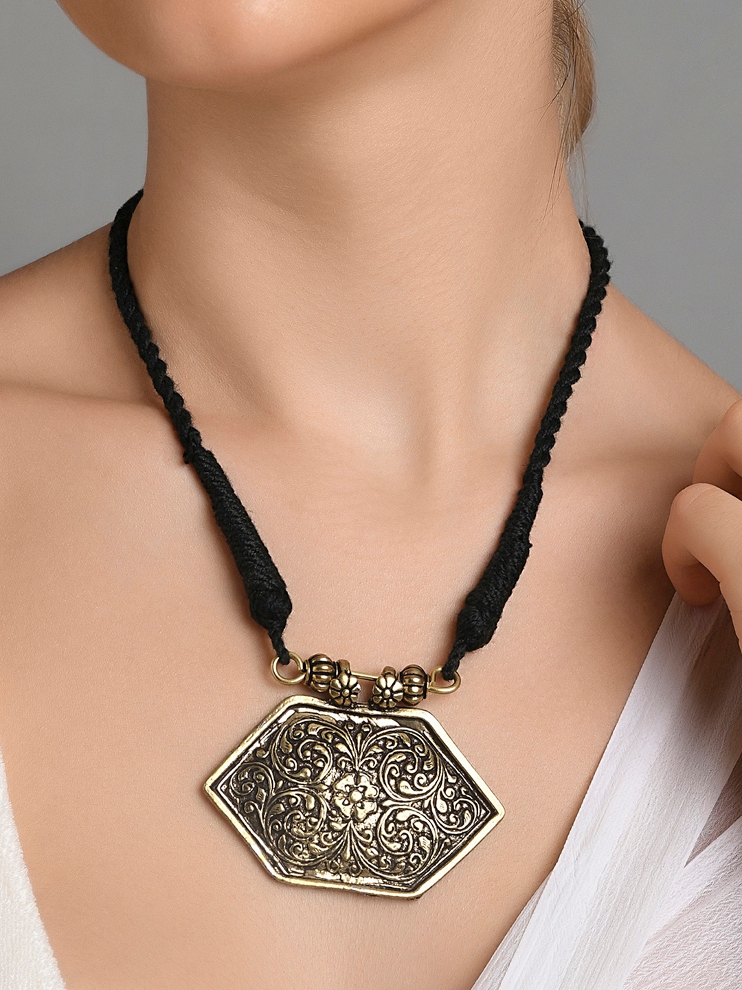

Fida Silver-Toned & Black Silver-Plated Oxidised Necklace