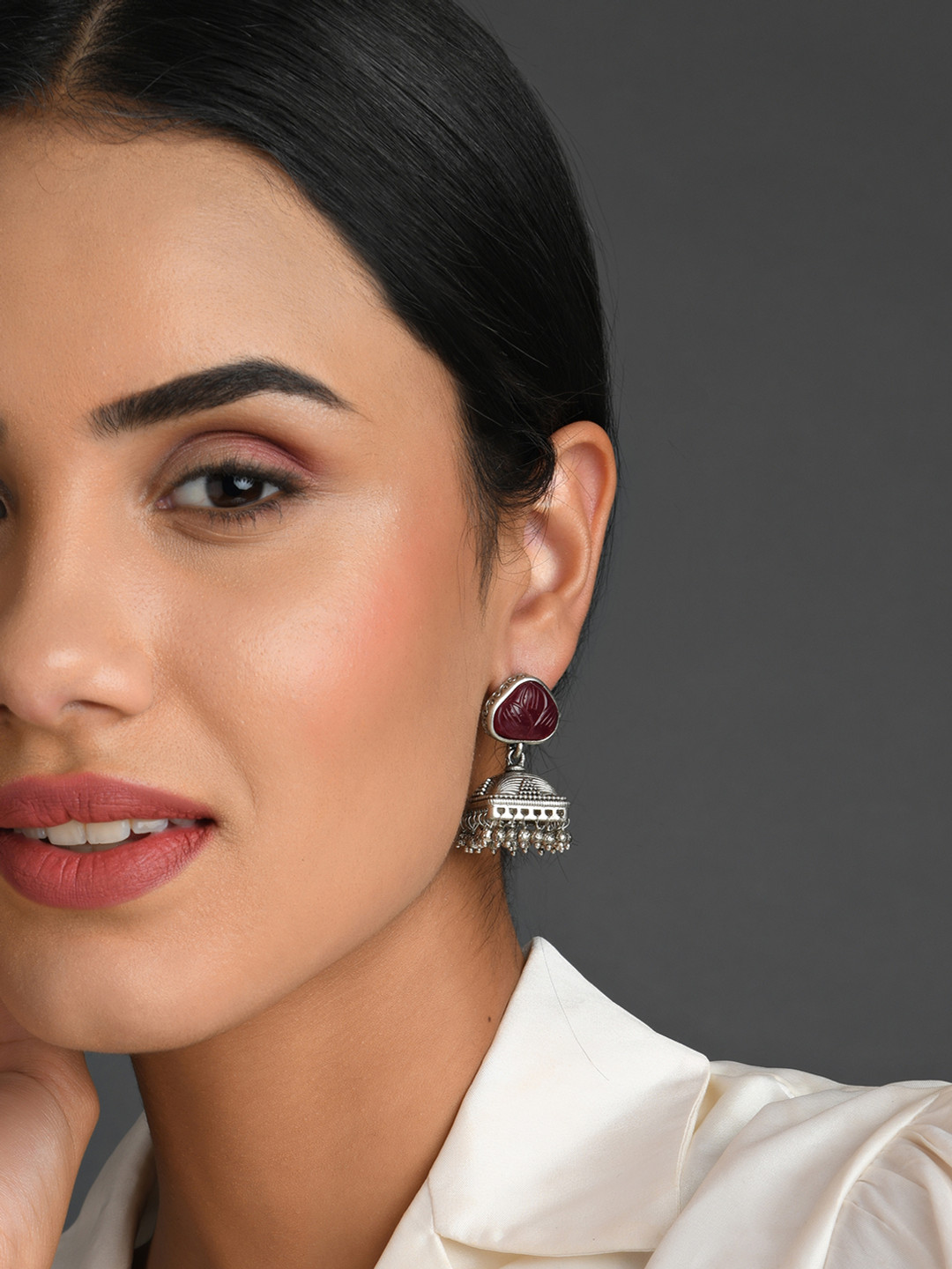 

Fida Red Ethnic Silver Plated Ruby Beaded Jhumka Earring