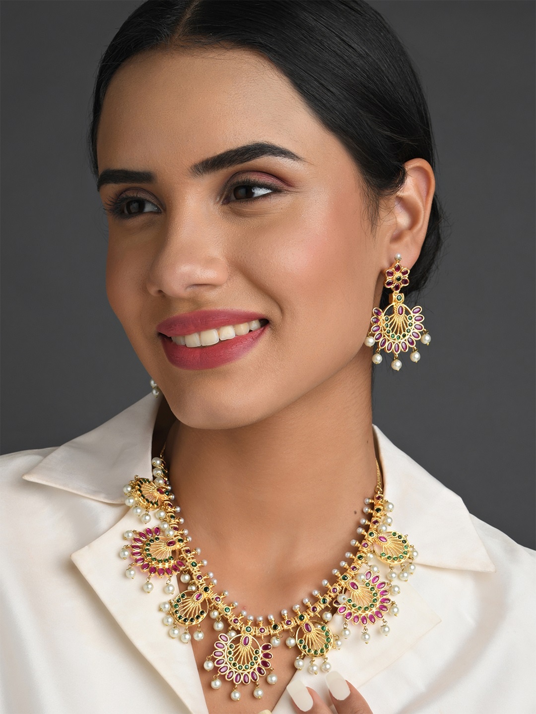 

Fida Gold-Plated White & Red AD Studded & Beaded Handcrafted Jewellery Set