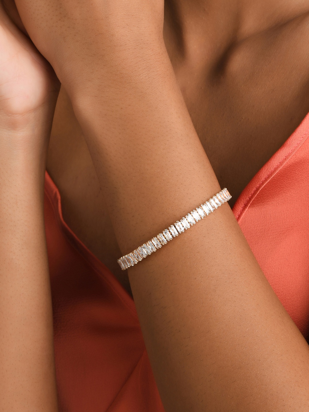 

Fida Women Gold-Toned & White American Diamond Handcrafted Gold-Plated Wraparound Bracelet