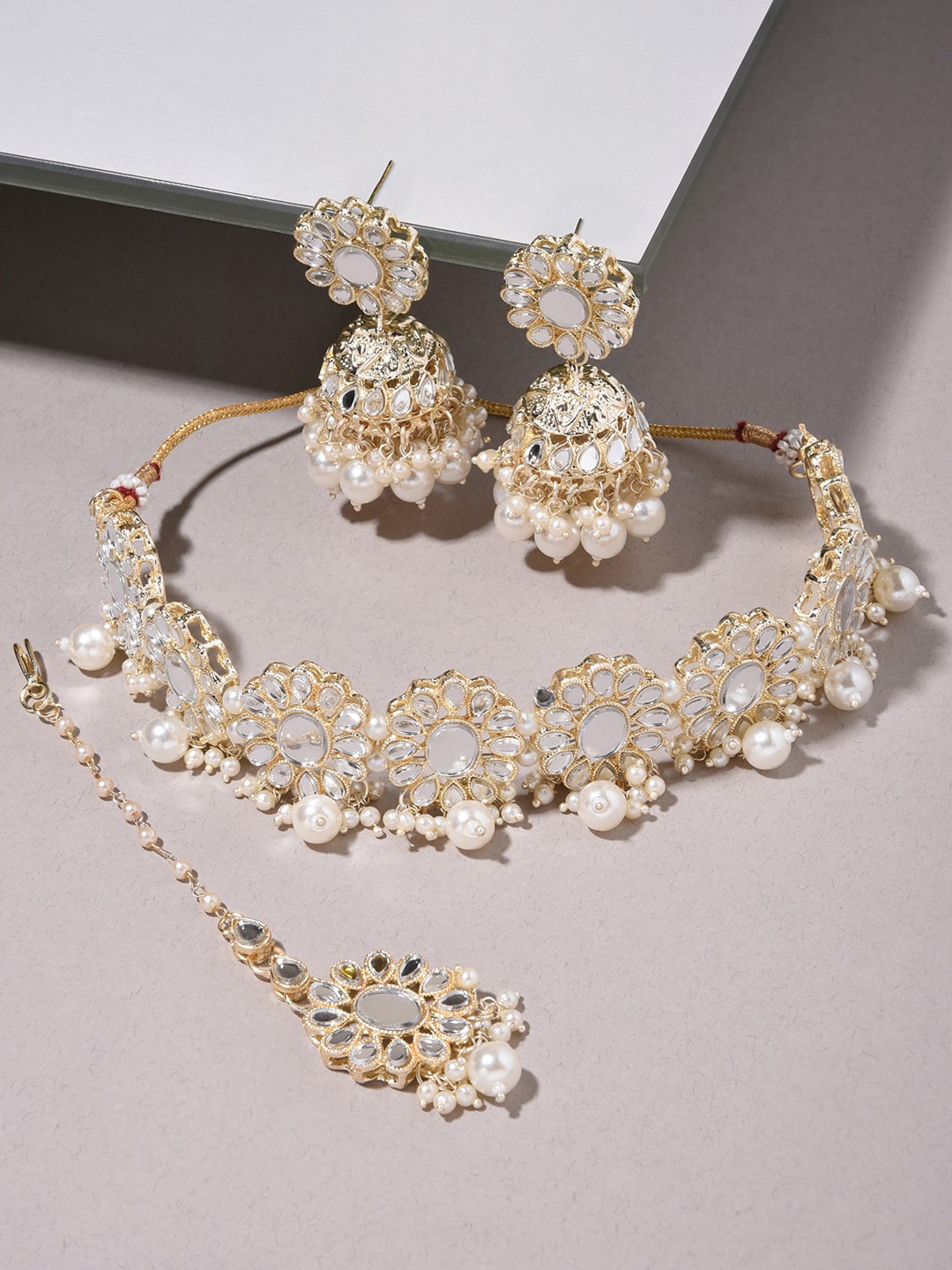 

Fida Gold-Plated White Kundan & Mirror Studded Jewellery Set