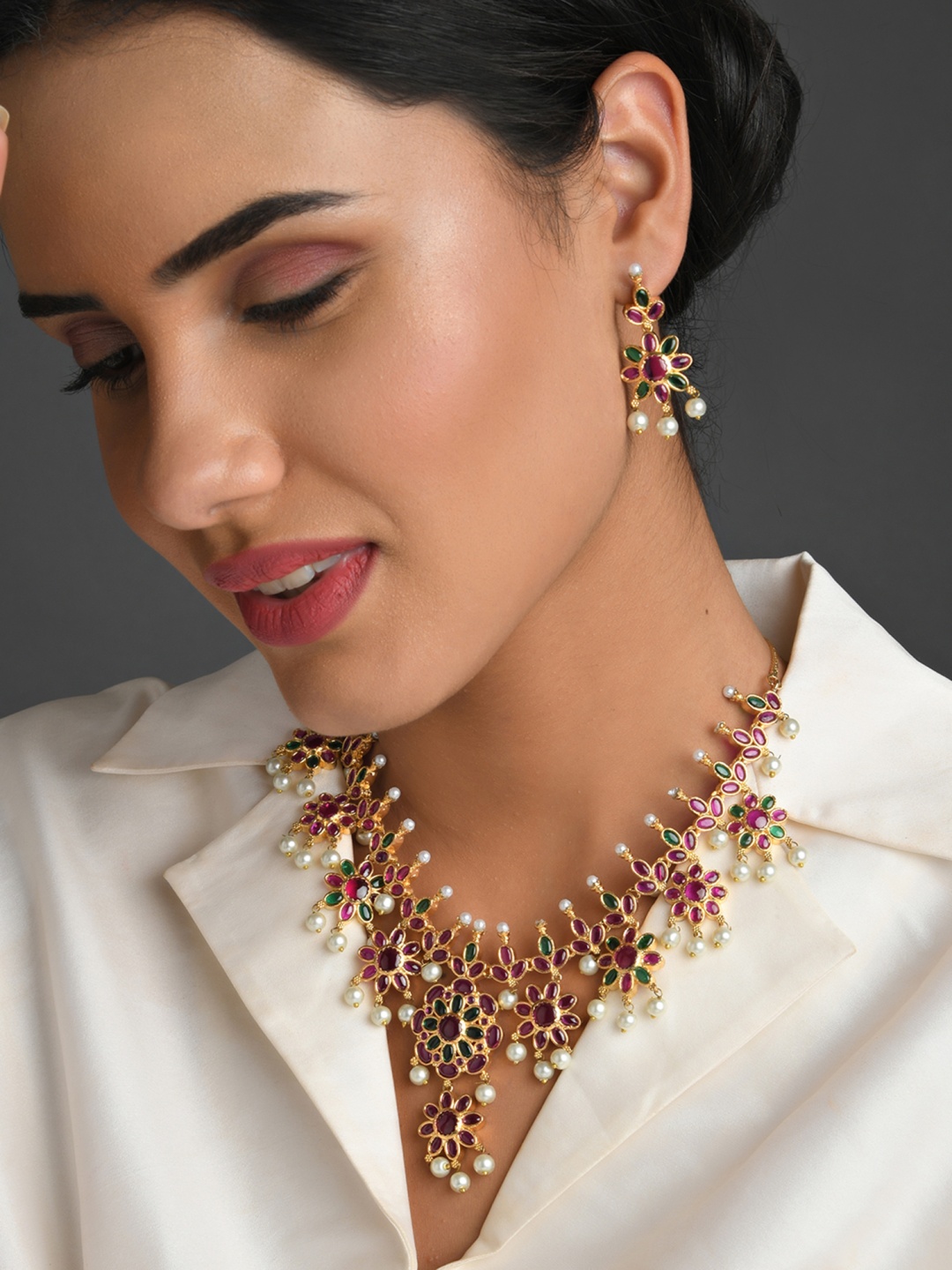 

Fida Gold-Plated Pink & White AD Studded & Beaded Handcrafted Jewellery Set