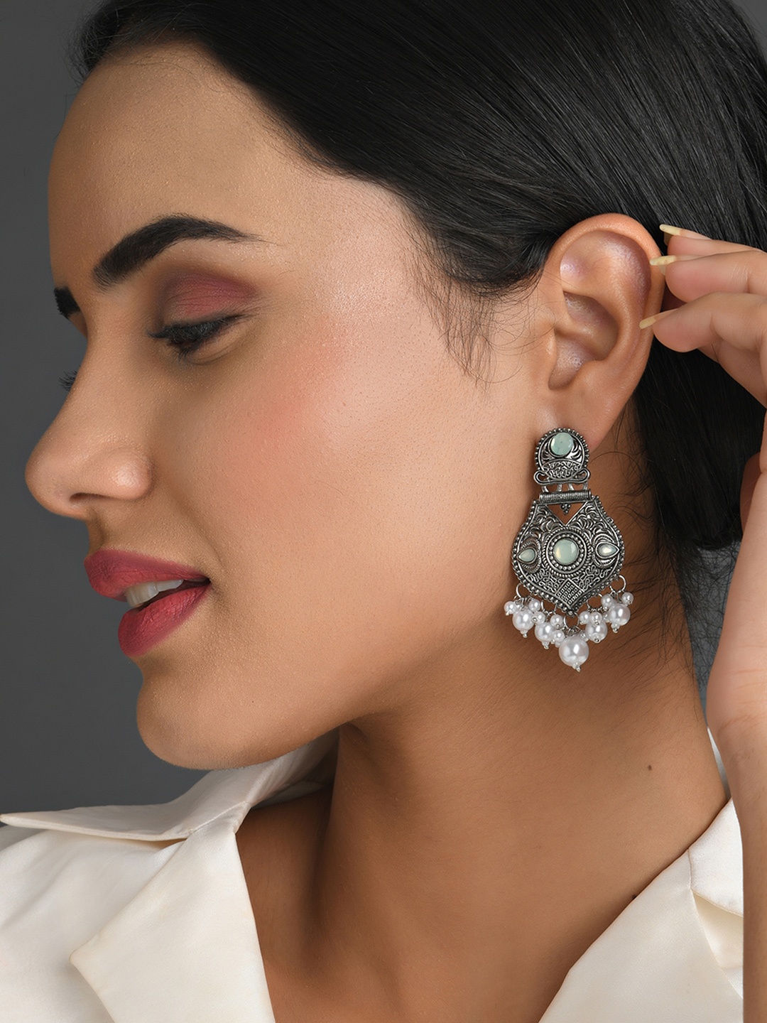 Fida Silver-Plated White Pearl Beaded Contemporary Drop Earrings