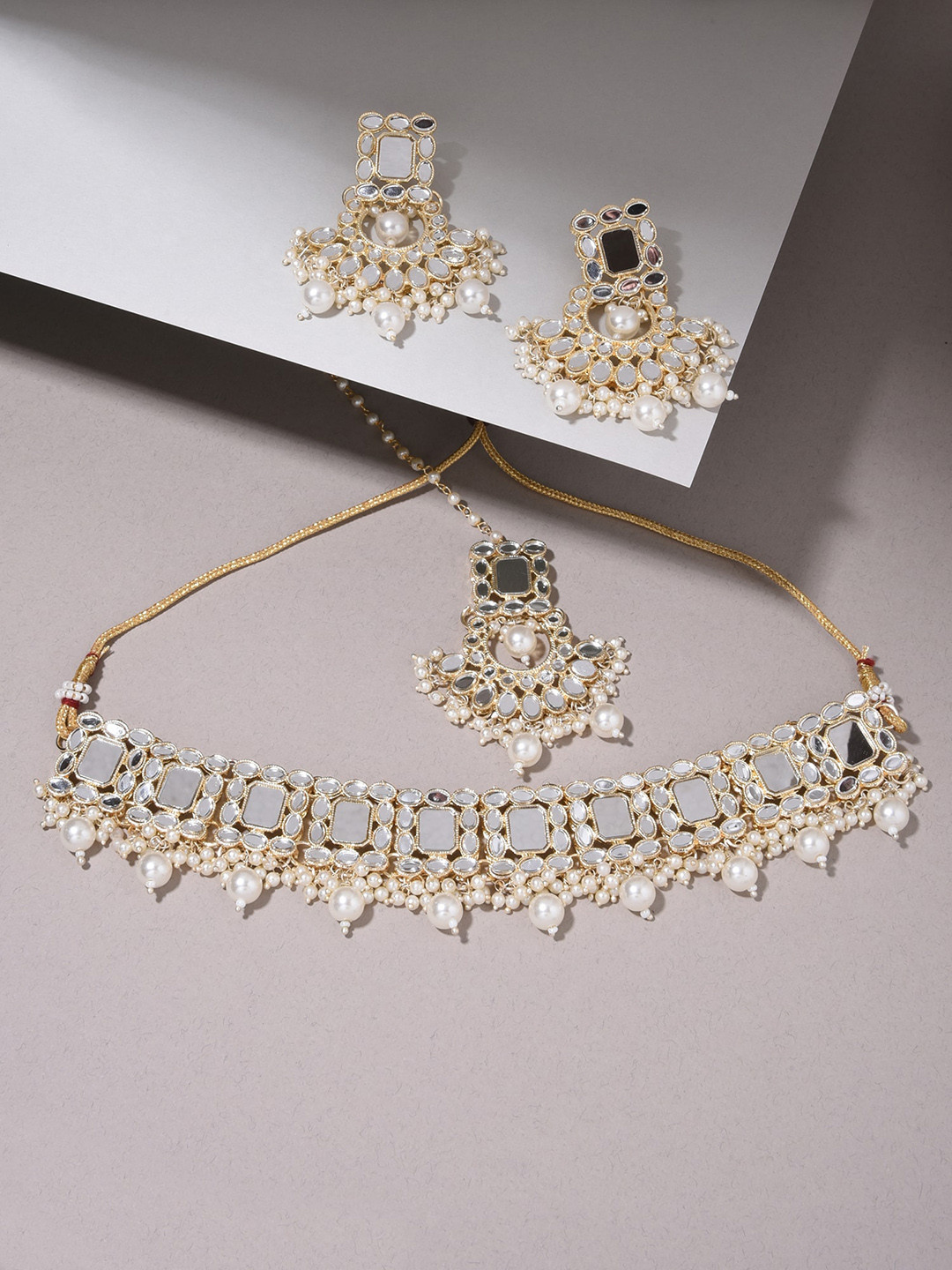 

Fida Gold-Plated White Stone Studded & Beaded Necklace & Earrings With Maang Tikka