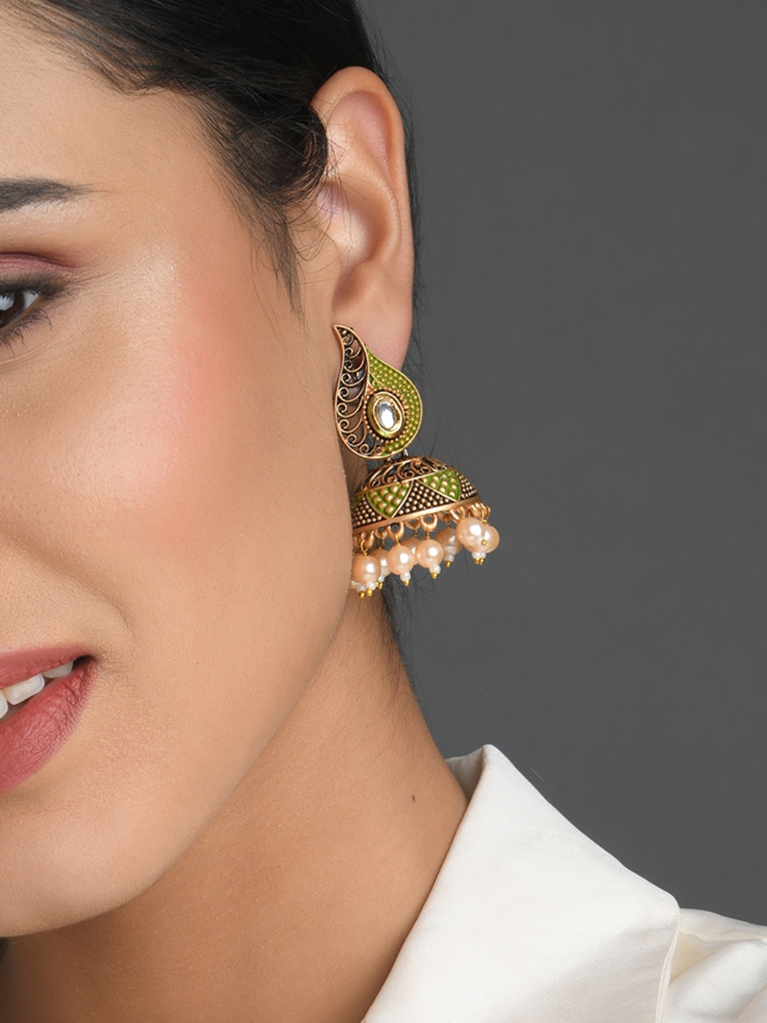 

Fida Green & Gold-Toned Contemporary Jhumkas Earrings
