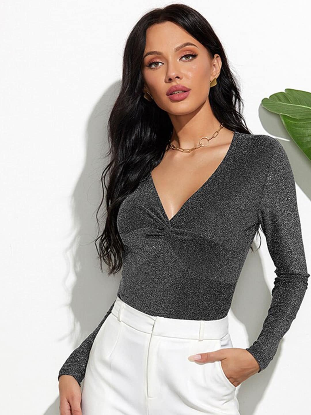 

BoStreet Women Grey V-Neck Embellished Regular Top