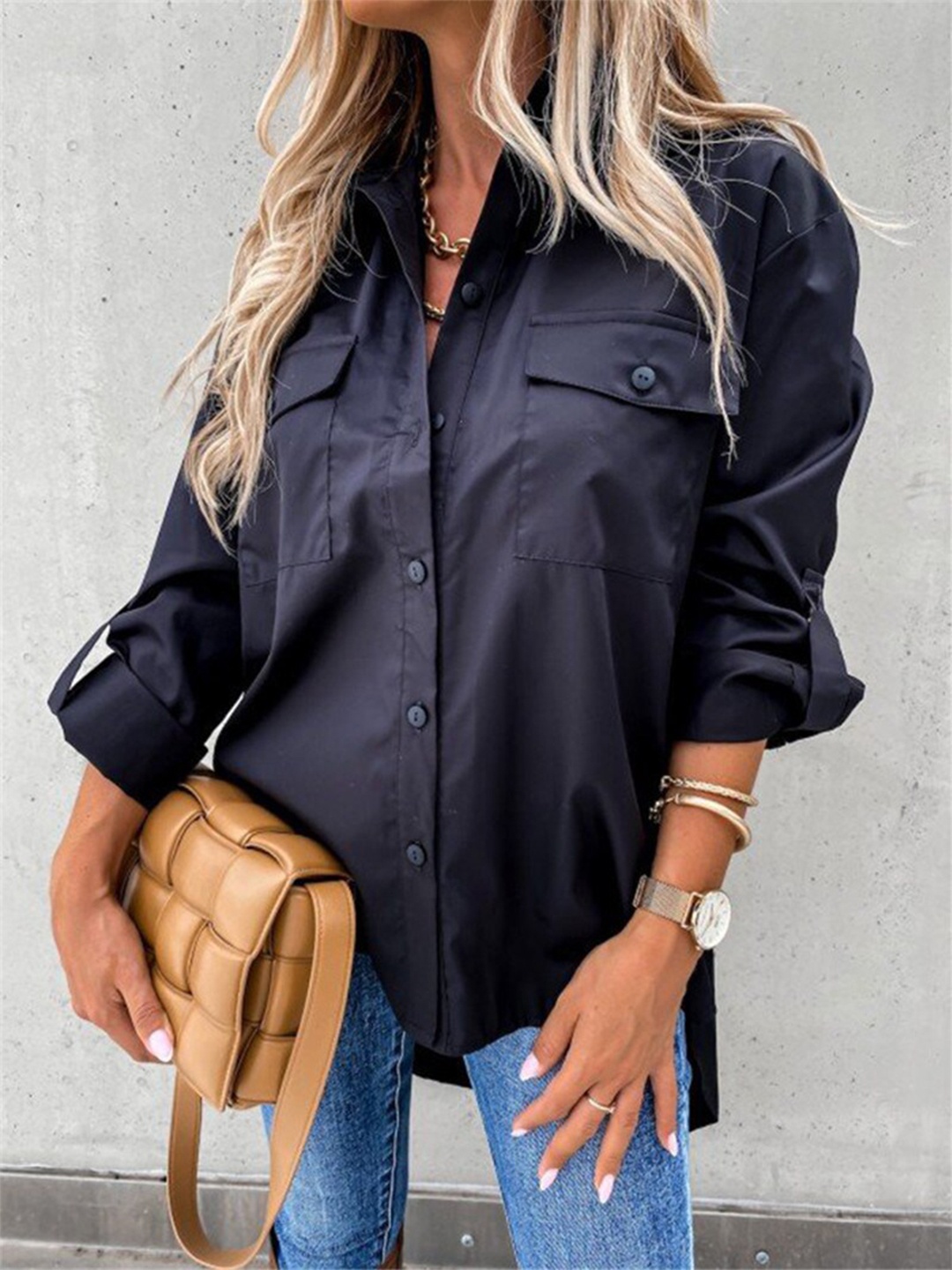 

BoStreet Black Roll-Up Sleeves Shirt Style Top