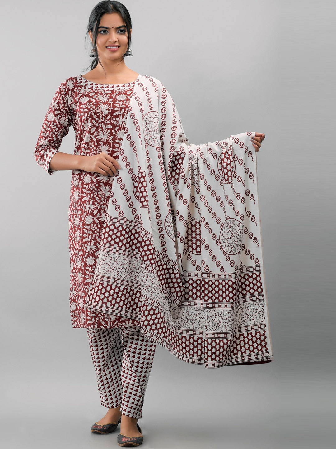 

KALINI Women Maroon Floral Printed Pure Cotton Kurta with Trousers & With Dupatta
