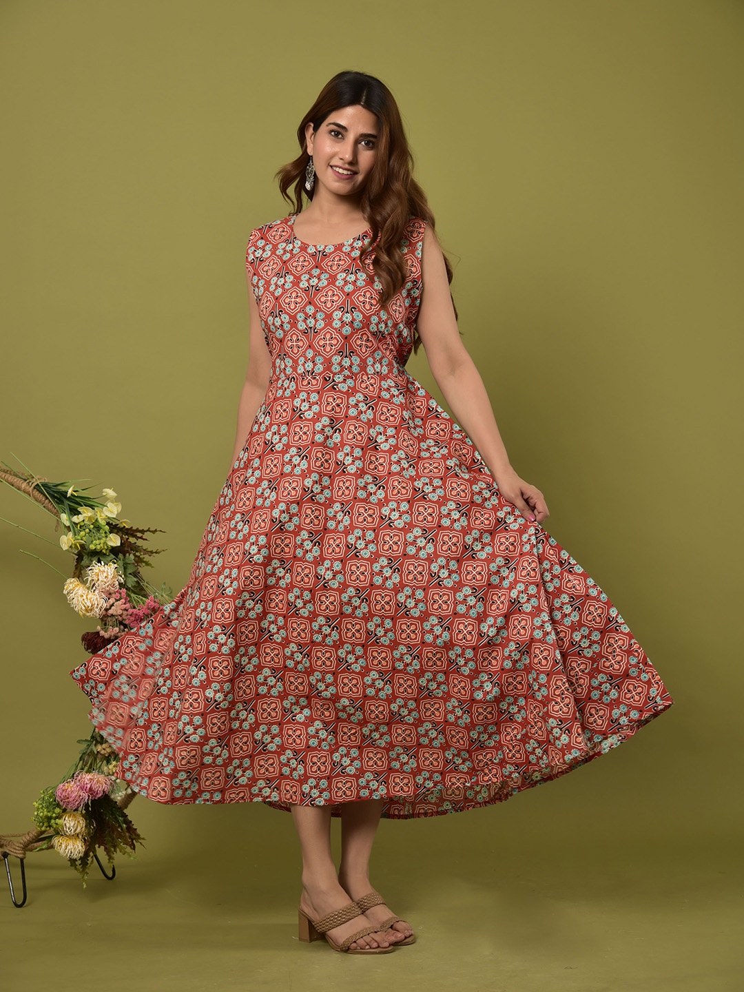 

KALINI women Red Ethnic Motifs A-Line Midi Dress