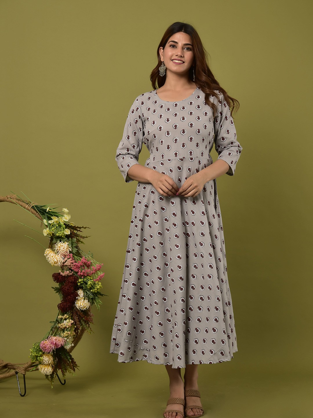 

KALINI Grey Floral A-Line Maxi Dress