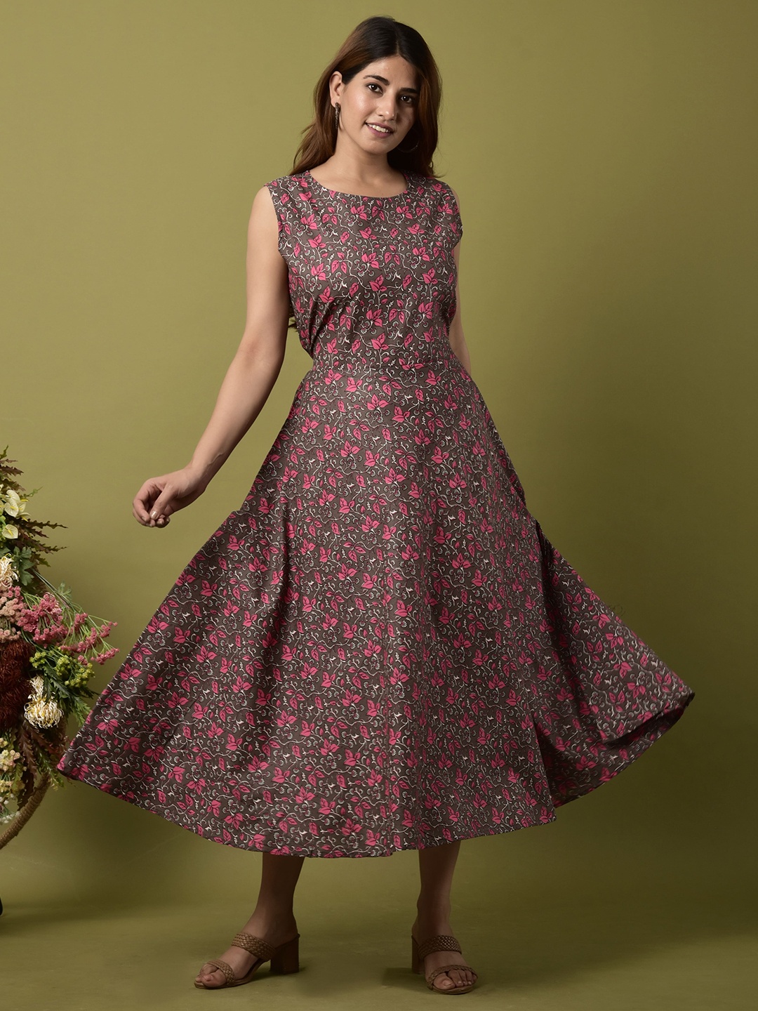 

KALINI Brown & Pink Floral Midi Dress